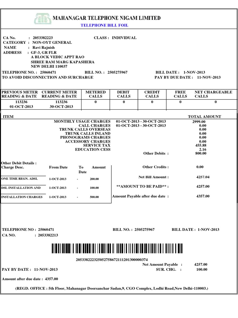 Delhi Telecom Bill Summary - Nov 2013 | PDF