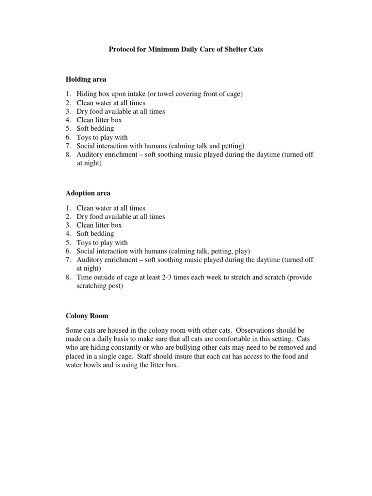 Protocol For Minimum Daily Care of Shelter Cats | PDF