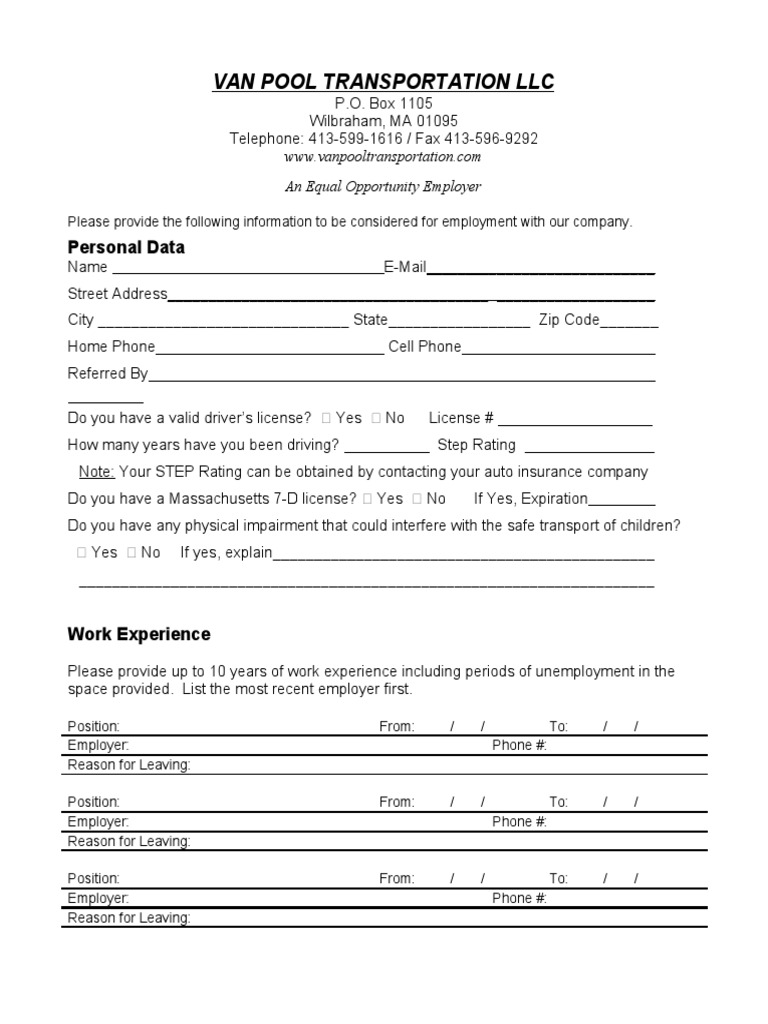 Van Pool Transportation Employment Application | PDF | Employment ...