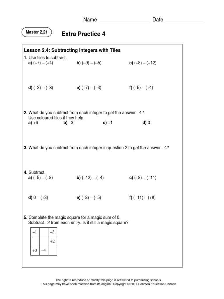 2 4 and 2 5 g7 Extra Practice With Answer Key | PDF | Subtraction |  Arithmetic