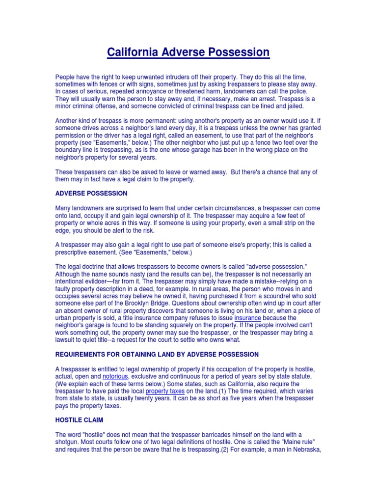 California Adverse Possession PDF Easement Adverse Possession