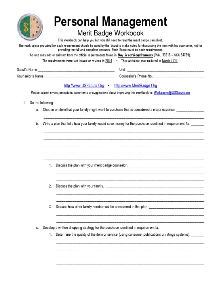 Personal Management BSA Merit Badge Worksheets | PDF | Boy Scouts Of  America | Annual Percentage Rate