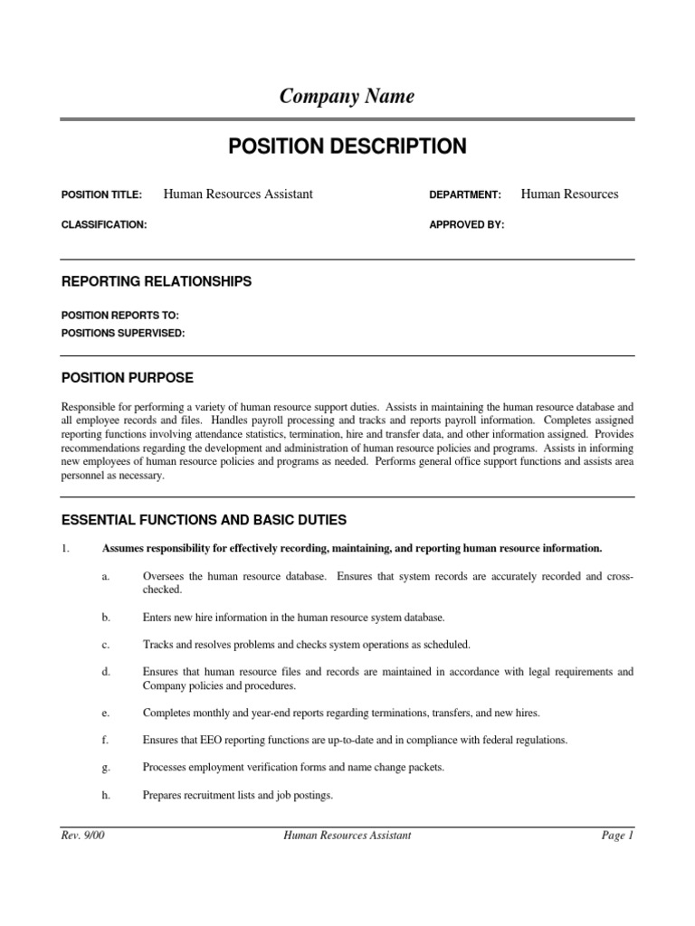 Human Resources Assistant Job Description | PDF | Payroll | Employment