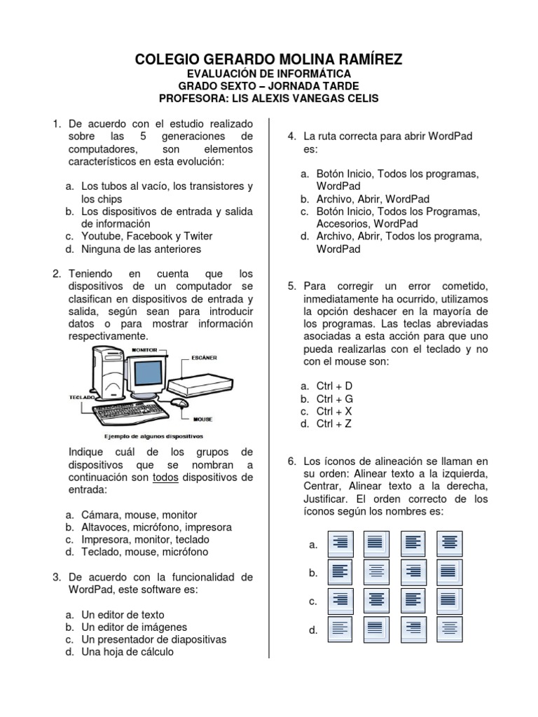 Evaluación de Informática 6to Grado | PDF | Hardware de la computadora ...