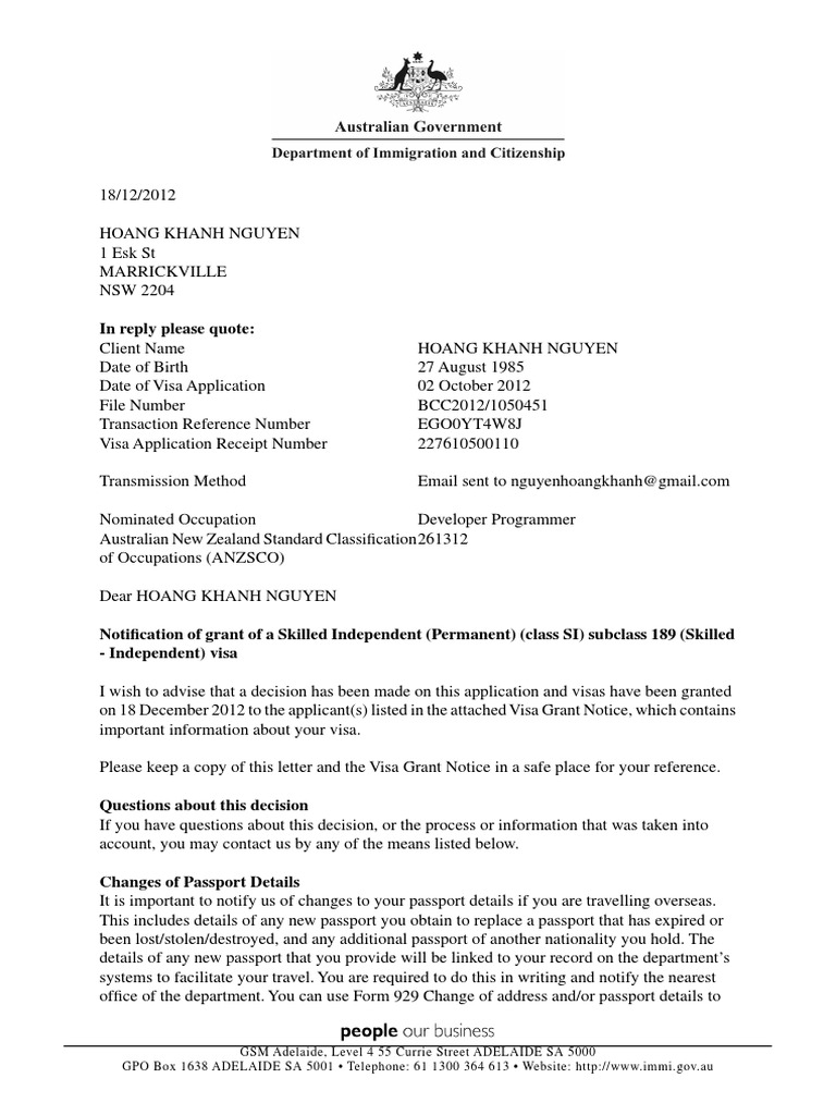 IMMI Grant Notification | PDF | Travel Visa | Immigration Law