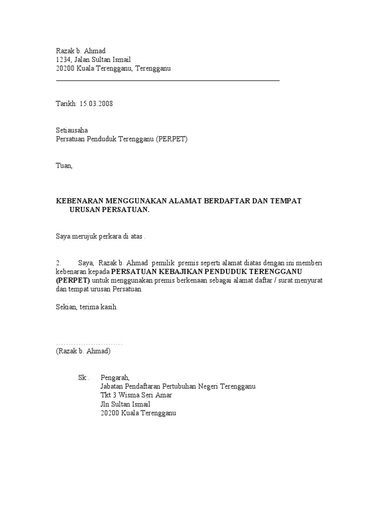 Contoh Surat Kebenaran Untuk Menggunakan Tapak Tanah