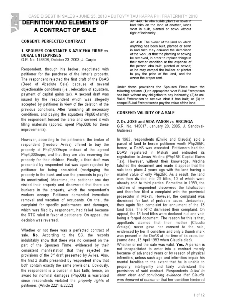 Definition and Elements of A Contract of Sale Case Digest in Sales