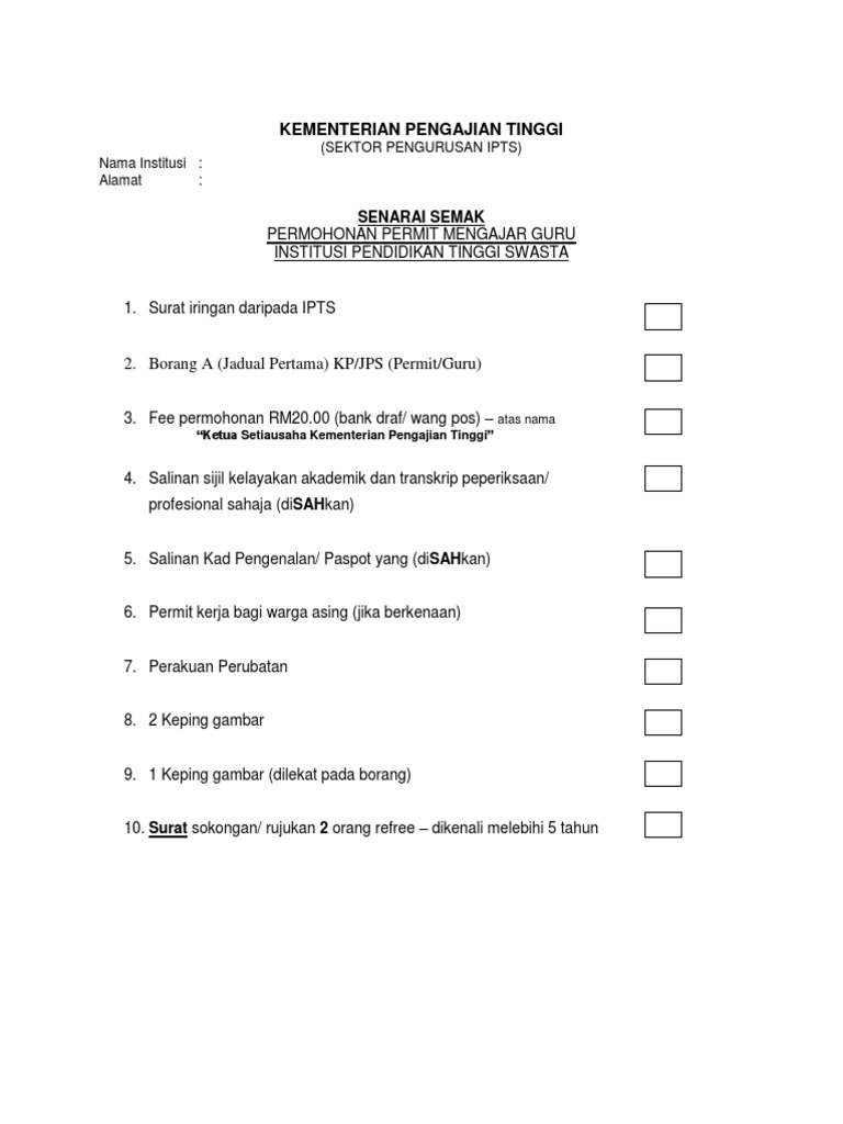 Senarai Semak Permit Mengajar Baru Pdf