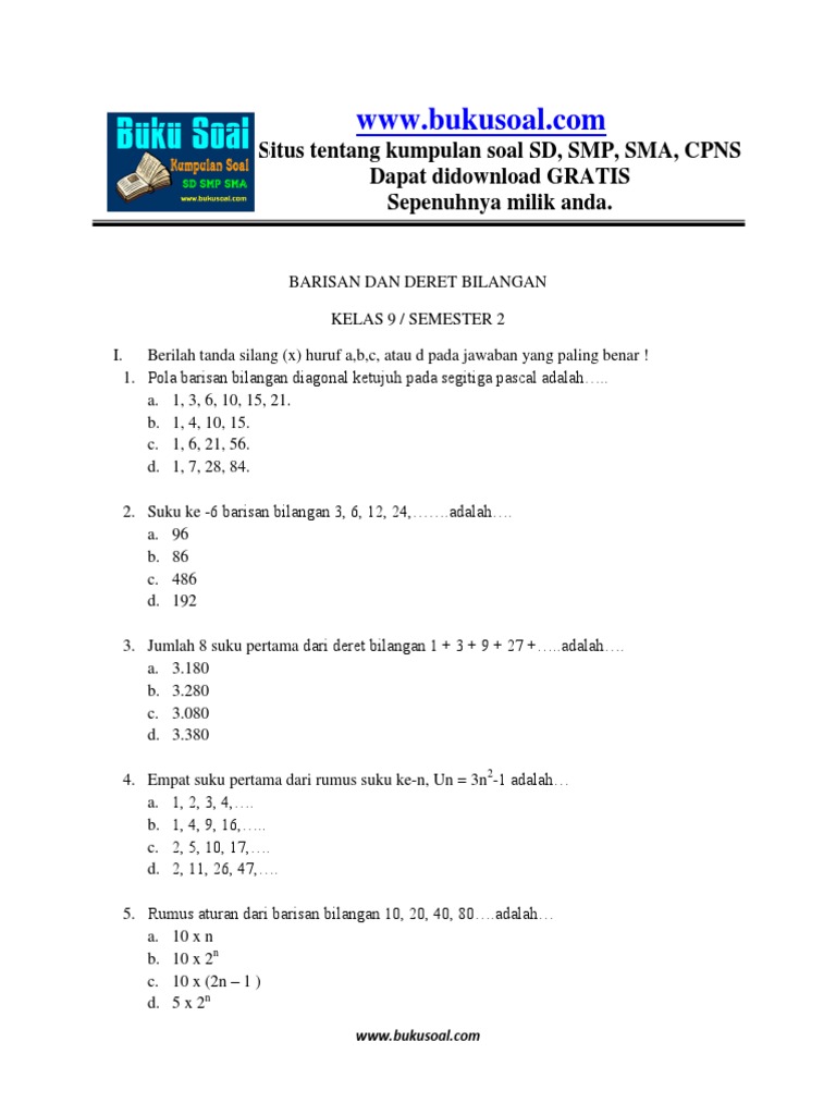 Latihan Soal Matematika Barisan Dan Deret Bilangan Kelas 9 Smp