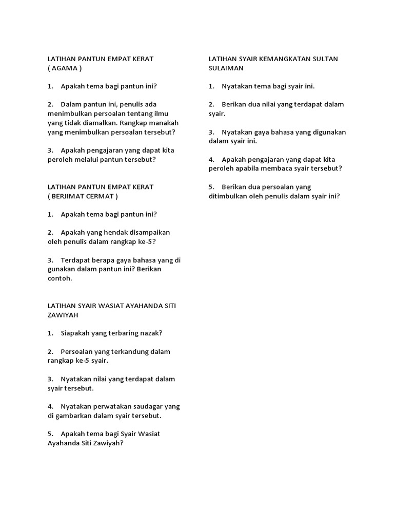 Latihan Pantun Dan Syair Tingkatan 1