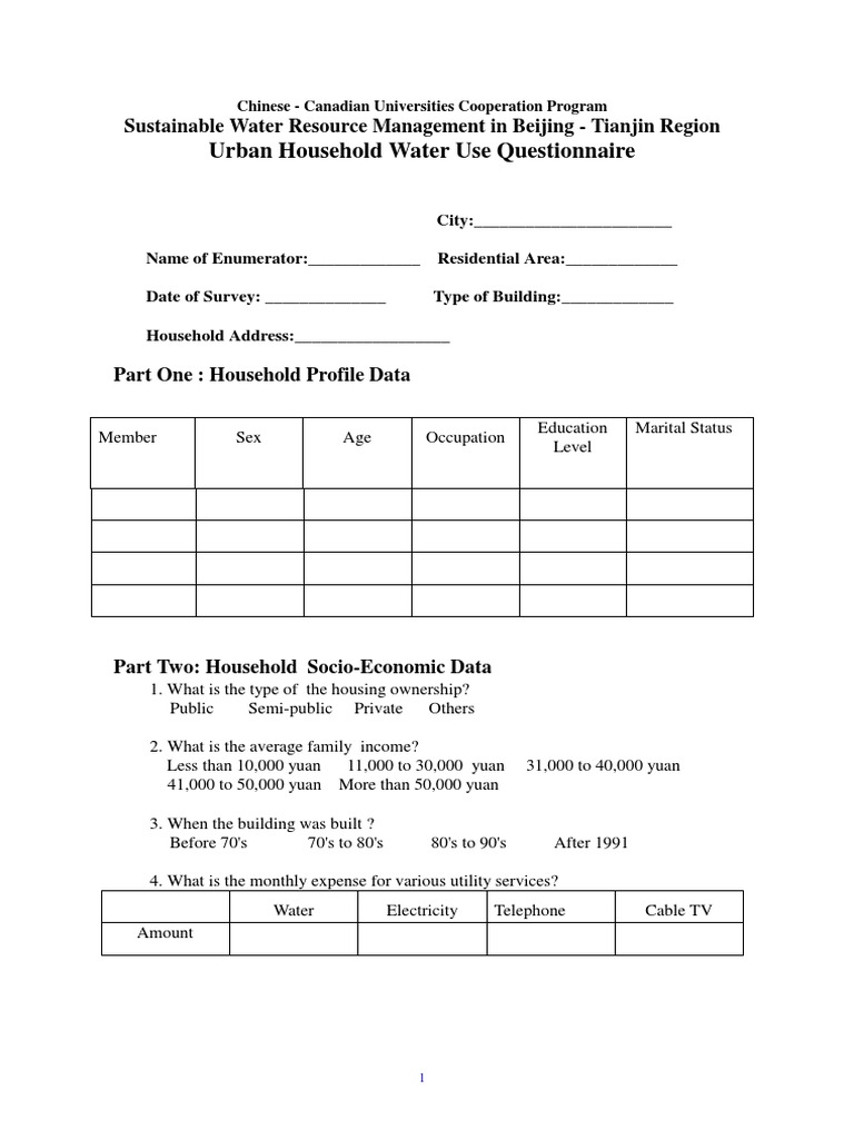 Urban Household Water Use Questionnaire Sustainable Water Resource Management in Beijing