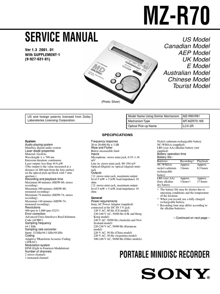 Sony MZ-R70 Service Manual | Alternating Current | Electrostatics
