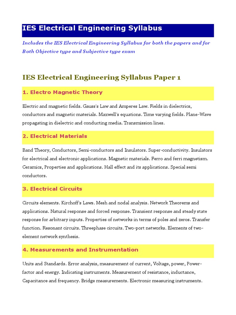 IES Electrical Engineering Syllabus PDF Amplifier Electric Power