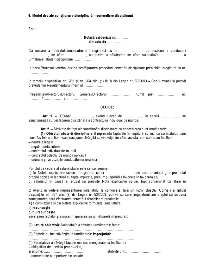Model Decizie Concediere Disciplinara