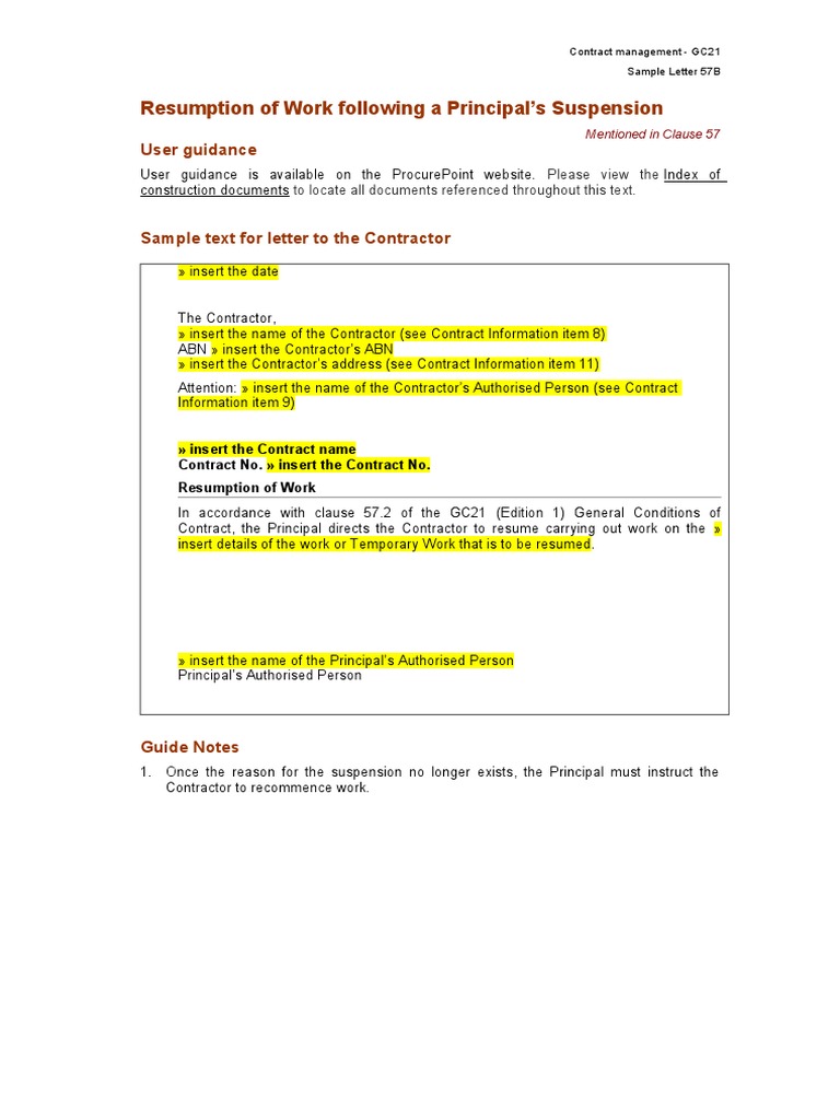 Resumption of Work Notification Letter | PDF