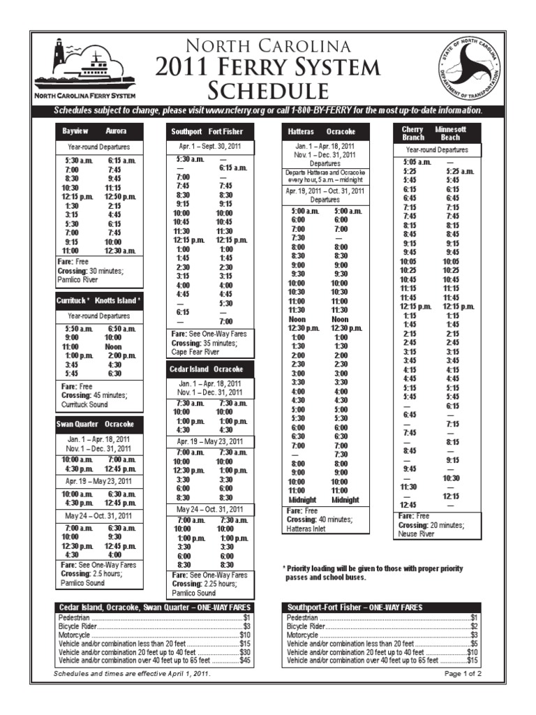 2011 Ferry System Schedule North Carolina PDF Ferry Industries
