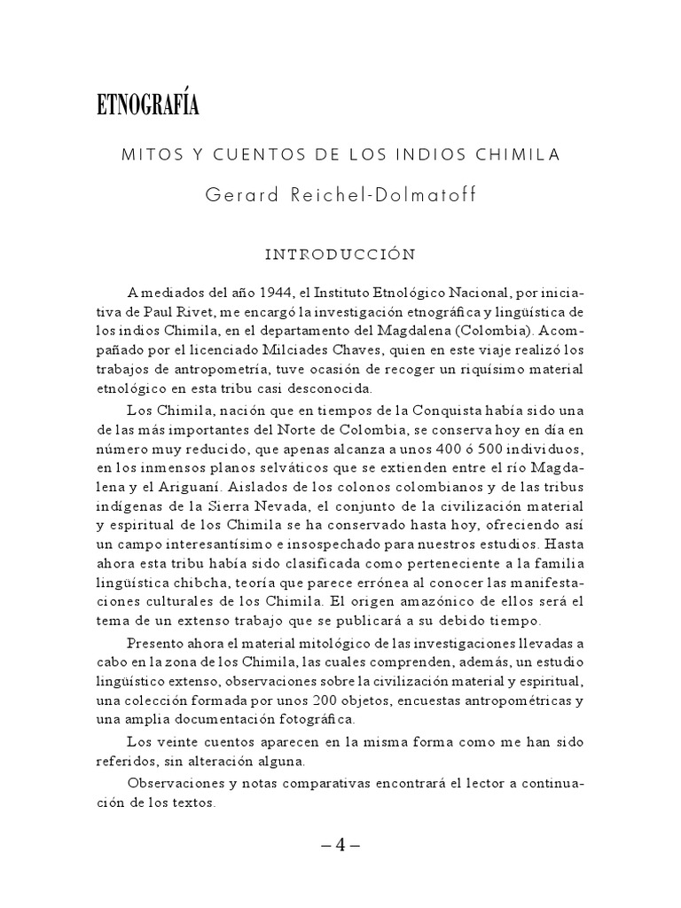 Gerardo Reichel-Dolmatoff - Mitos y Cuentos de Los Indios Chimila | PDF |  Mito de la inundación | Mitos de la creación