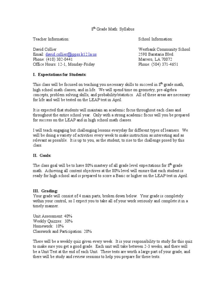 8th Grade Math Syllabus Teacher Information David Collier Email