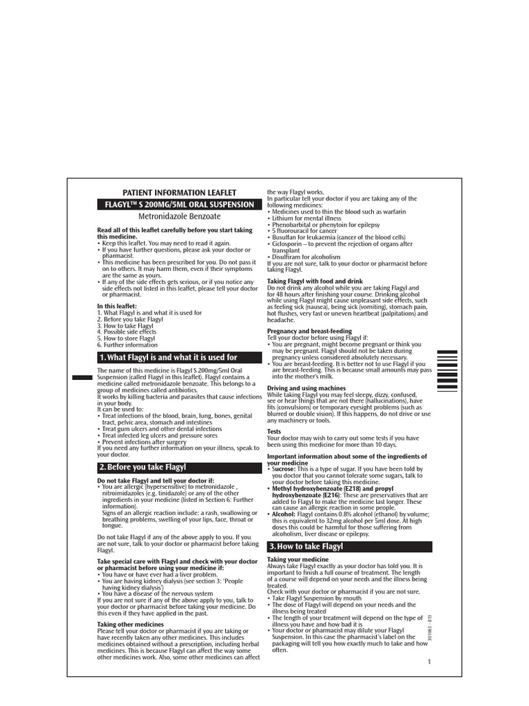 Patient Information Leaflet Flagyl S 200Mg/5Ml Oral Suspension PDF