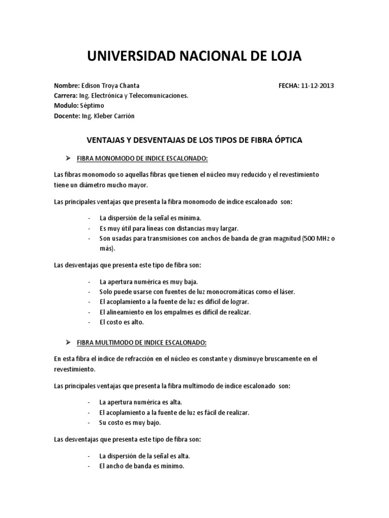 Ventajas y Desventajas de la Fibra Óptica | PDF