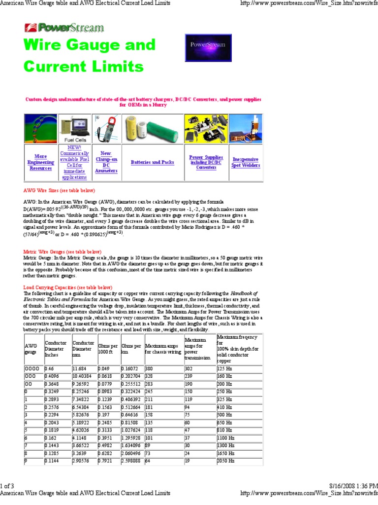 American Wire Gauge Table and AWG Electrical Current Load Limits PDF