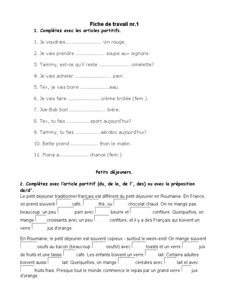 Exercices sur les articles partitifs | PDF