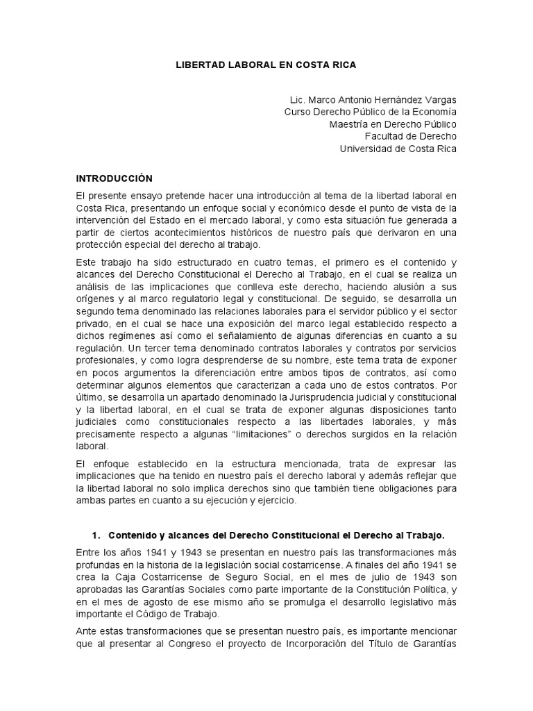 Libertad Laboral En Costa Rica Pdf Derecho Laboral Salario