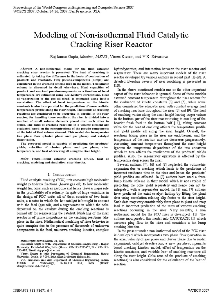 Non-Isothermal FCC Riser Reactor Model | PDF | Teaching Methods ...