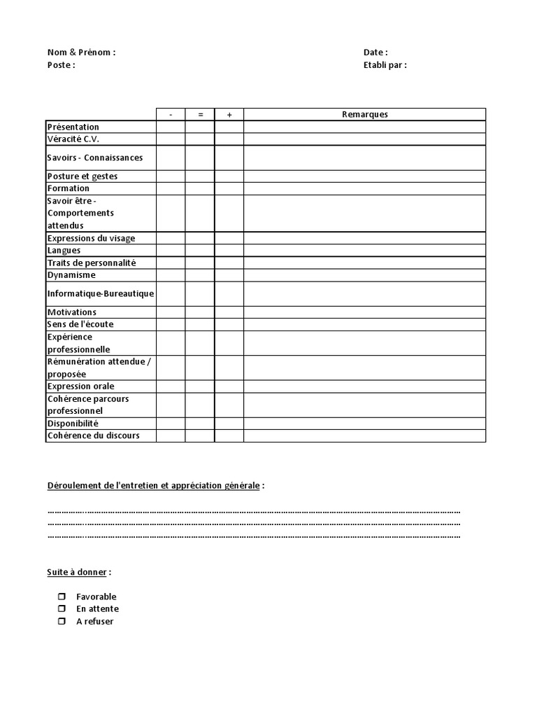 Grille D Entretien De Recrutement Pdf