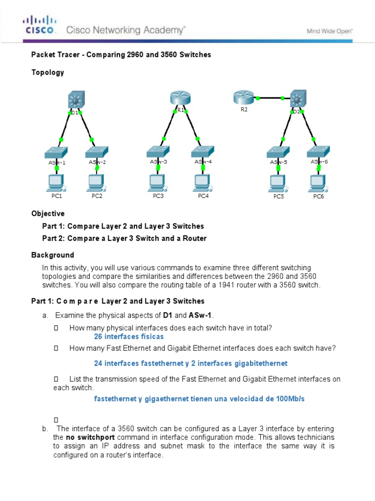 1.2.1.7 Packet Tracer - Comparing 2960 and 3560 Switches Instructions | PDF  | Router (Computing) | Network Switch