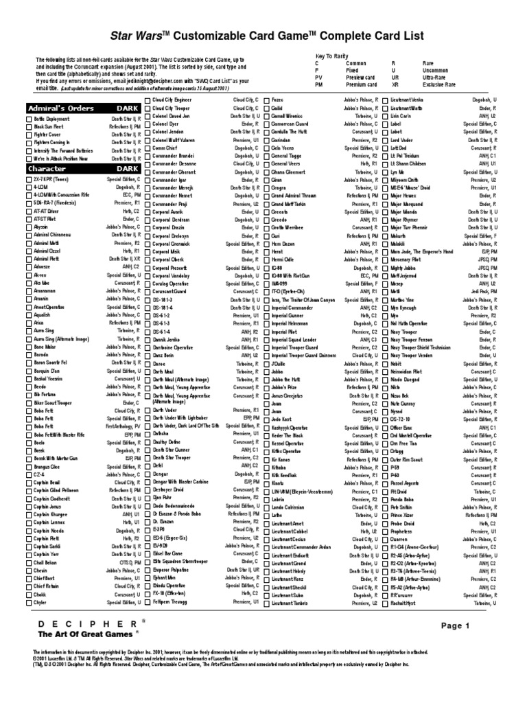 Star Wars CCG Cards 0 Complete Card List Premier To Corruscant PDF