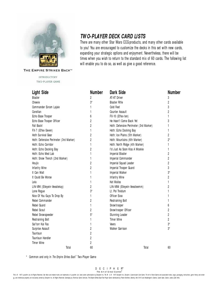 Star Wars CCG Cards 3 Empire Strikes Back 2Player Card List PDF