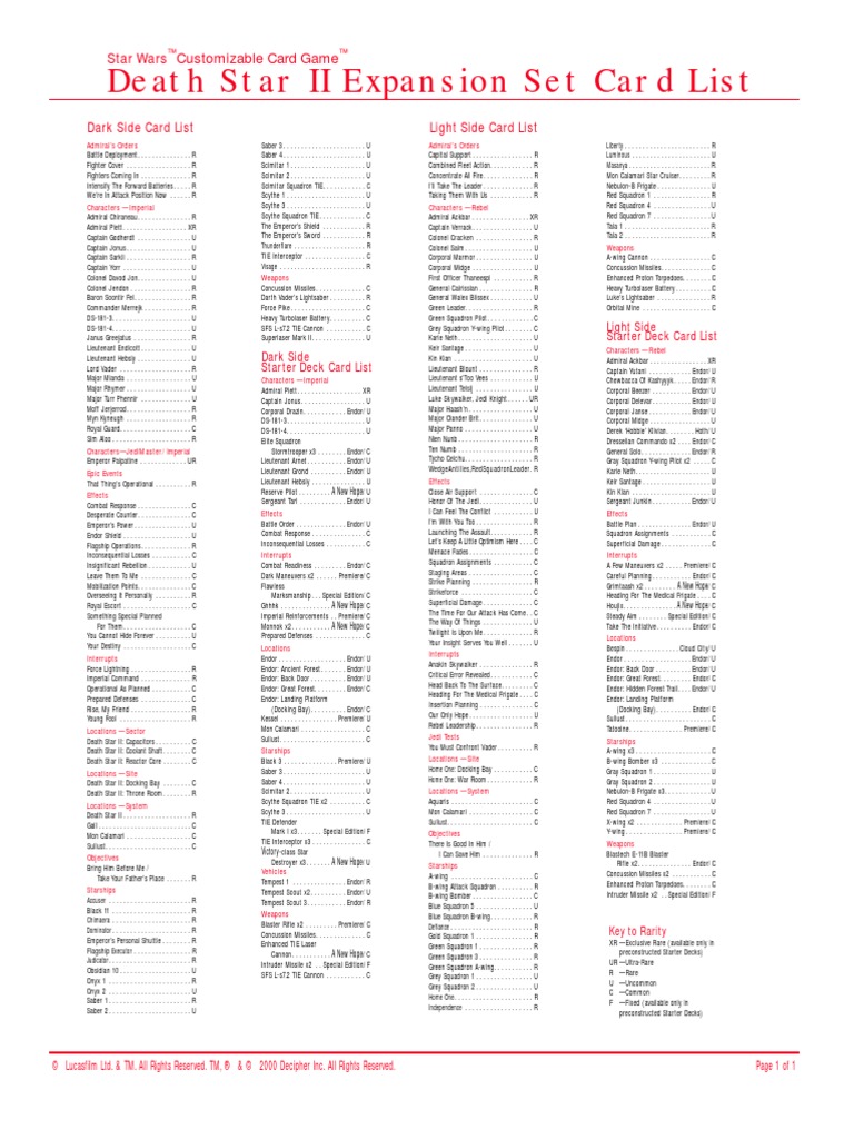 Star Wars CCG Cards 9 Death Star II Card List PDF Galactic Empire