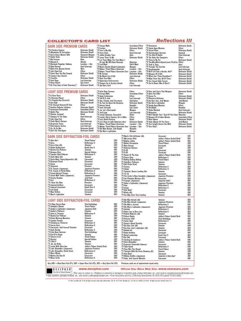 Star Wars CCG Cards 13 Reflections III Card List PDF Obi Wan