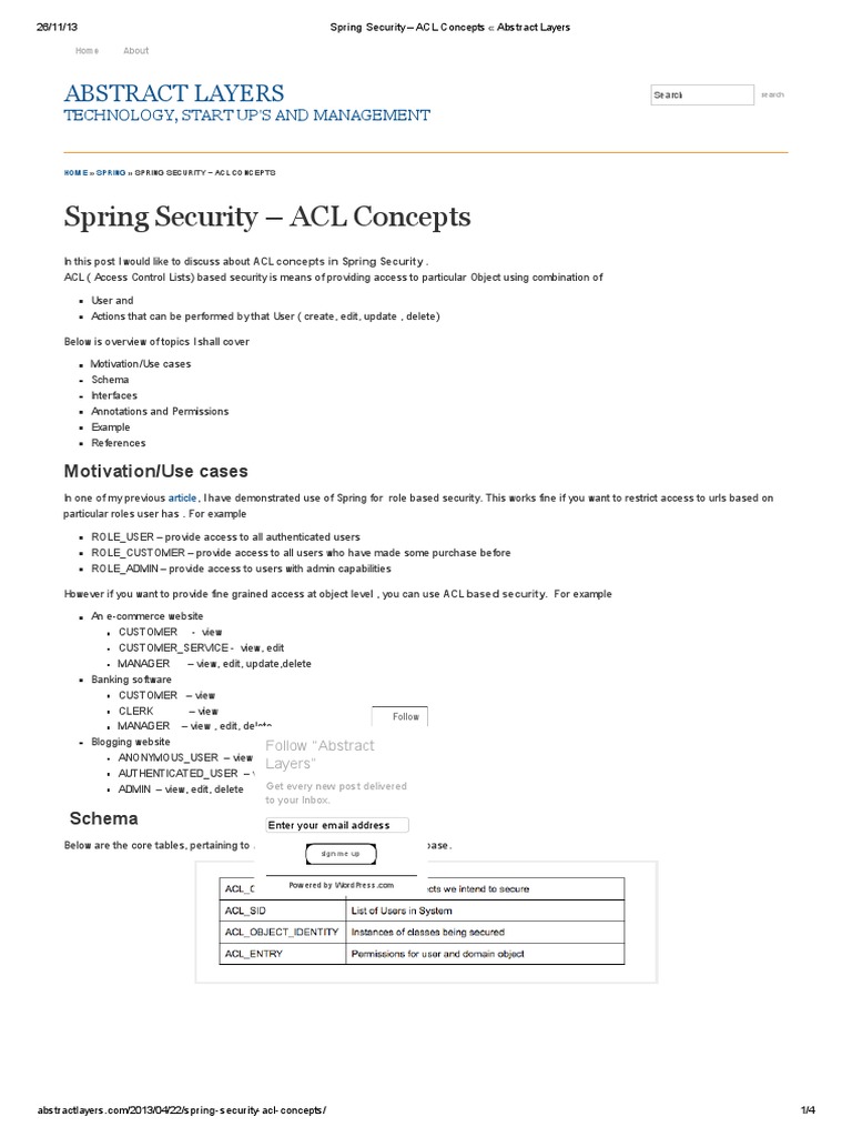 Spring Security ACL Concepts Abstract Layers PDF Email Databases
