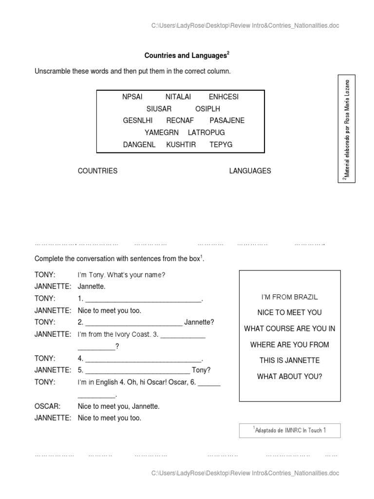 Countries and Languages: C:/Users/Ladyrose/Desktop/Review Intro ...