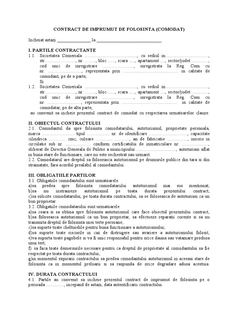 Contractul de Comodat Auto Intre PJ | PDF