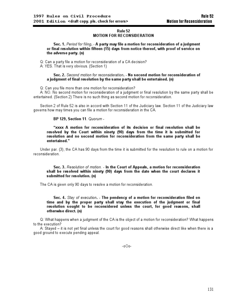 Rule 52: Motion for Reconsideration Guide | PDF | Finance & Money ...