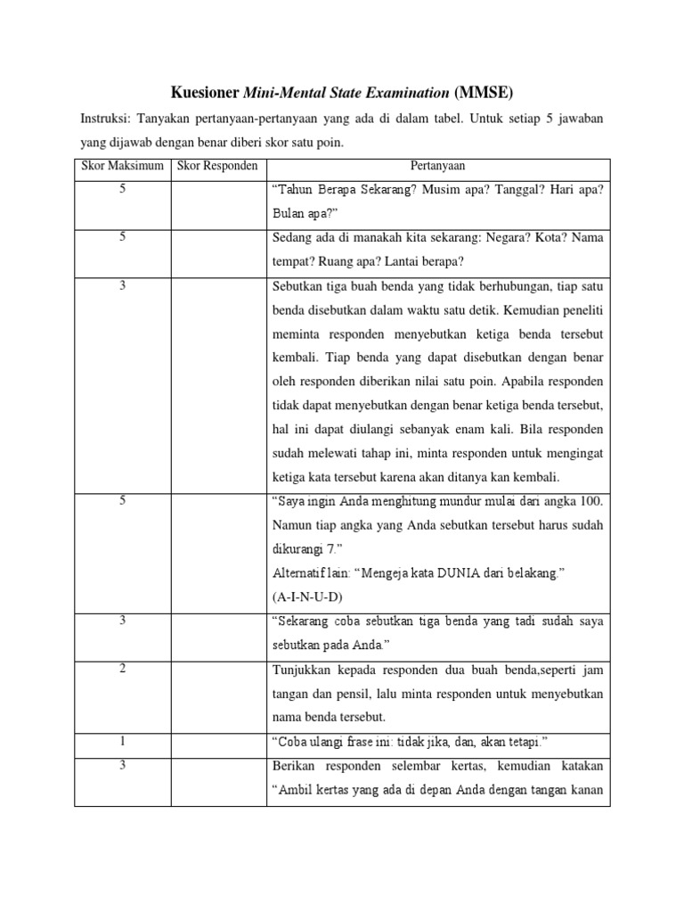 Kuesioner MMSE untuk Skrining Kognitif | PDF | Seni & Disiplin Bahasa
