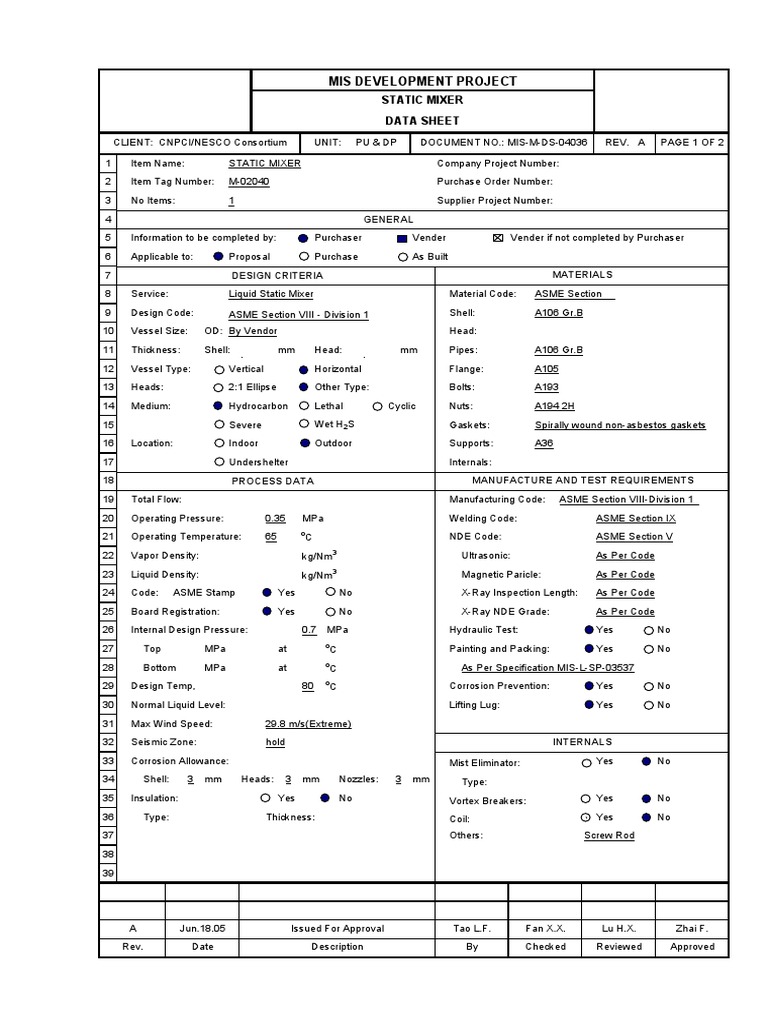 MIS M DS 04036 8''static Mixer Data Sheet (M 02040) A PDF Pipe