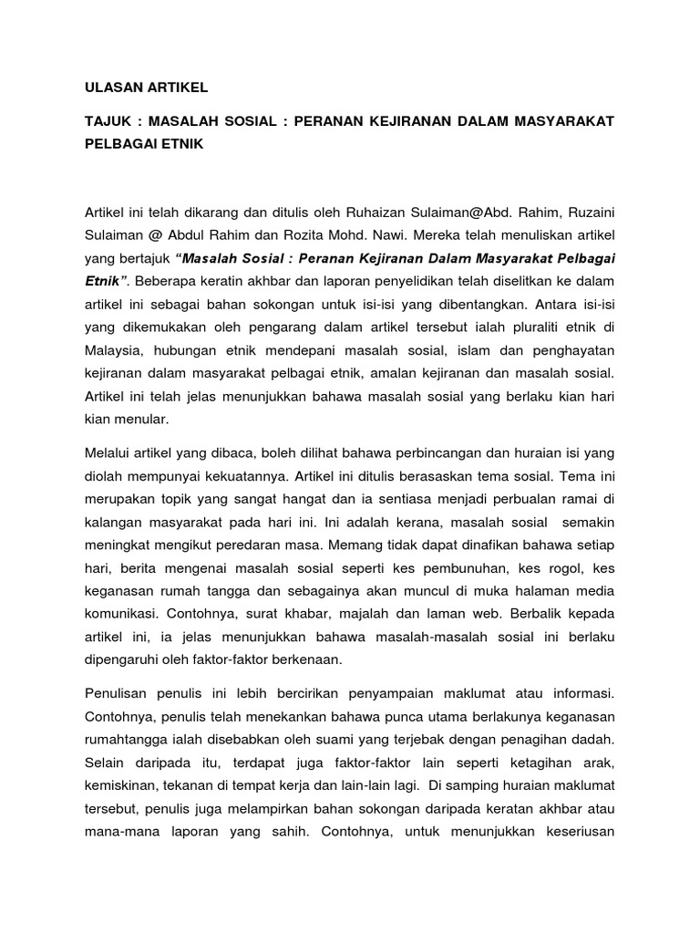 Contoh Penulisan Artikal Surat Khabar