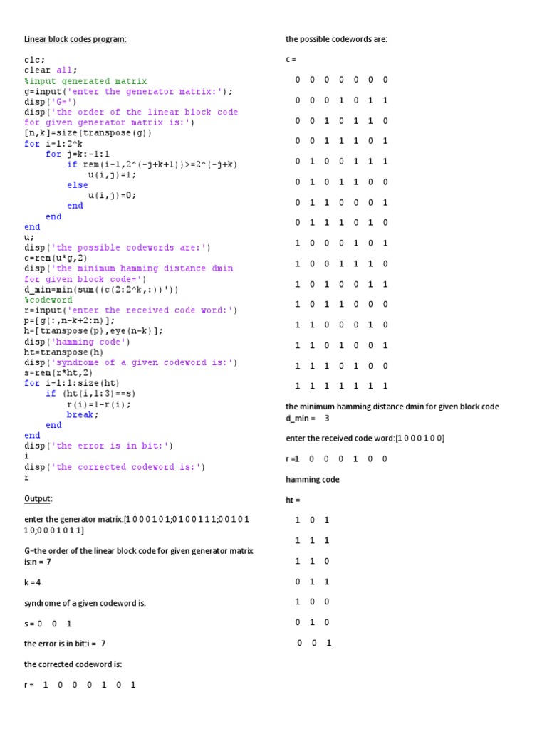Linear Block Code matlab