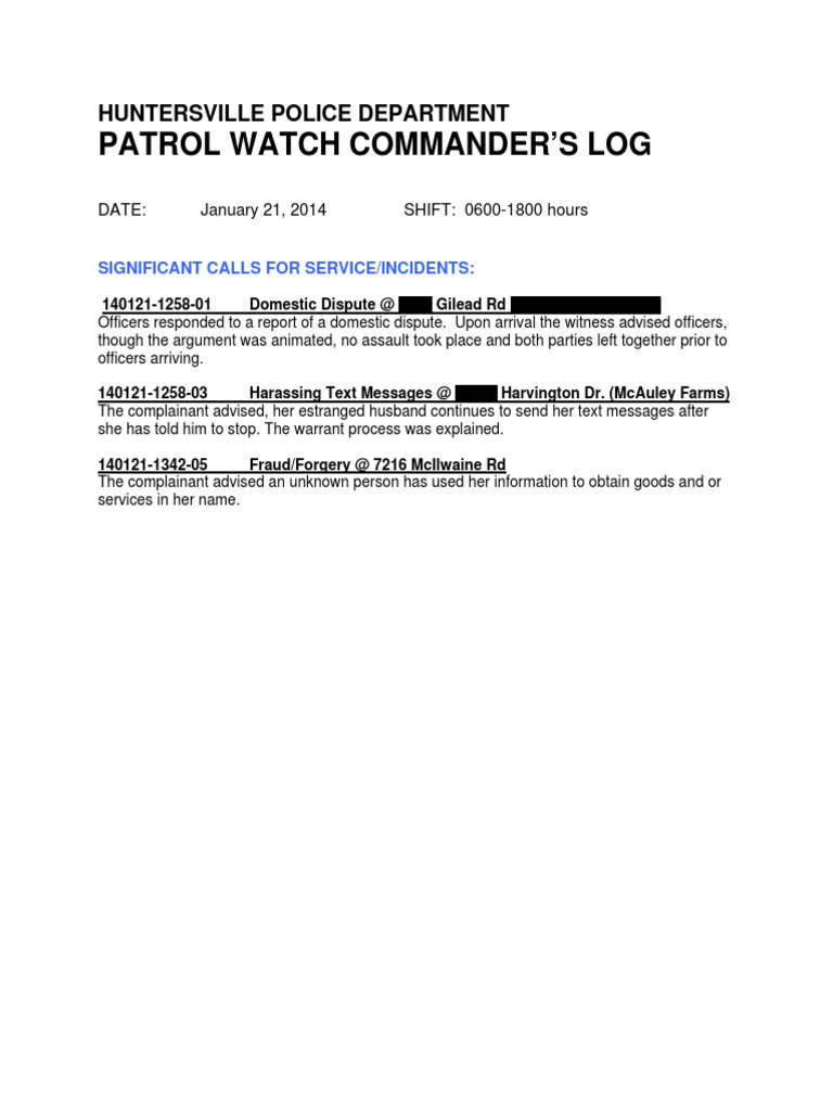 Huntersville Police Log: January 21, 2014 | PDF