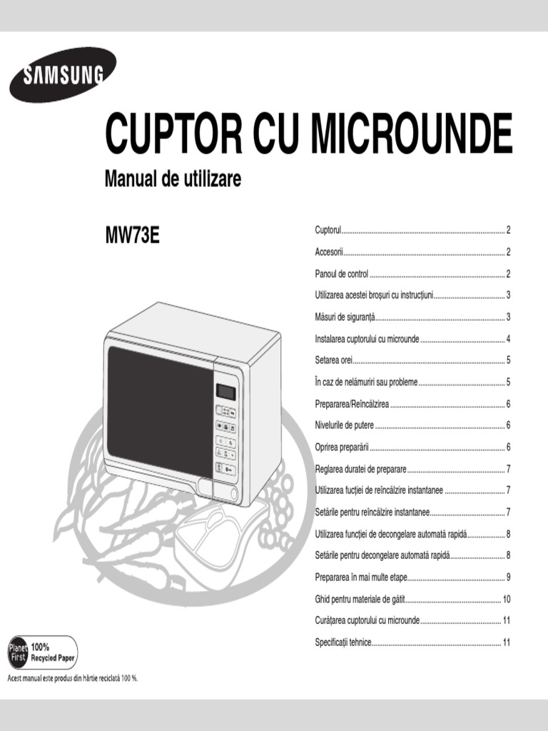 Manual Utilizare Cuptor Microunde Samsung MW73E Prezentare Si Utilizare |  PDF