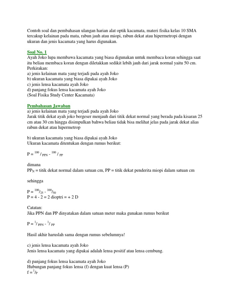 Soal Fisika Tentang Kacamata