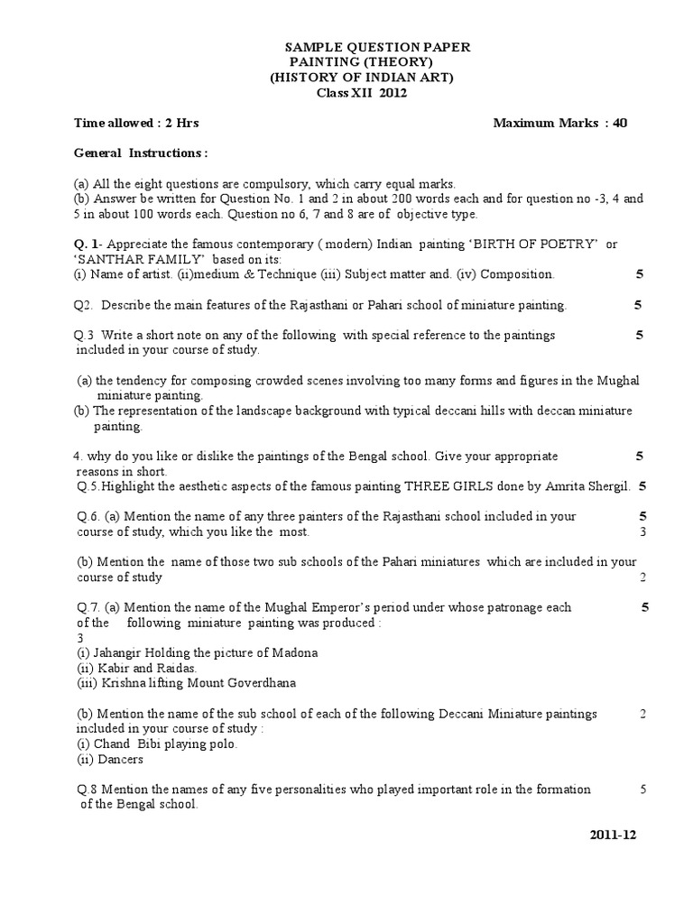 Sample Paper CBSE Class XII Painting For 2012 PDF Paintings Art Media