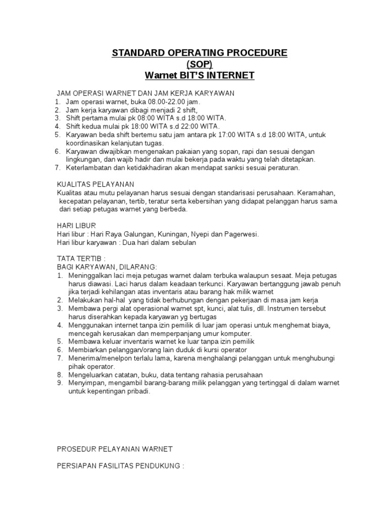 Standard Operating Procedure (SOP) Warnet Bit'S Internet | PDF