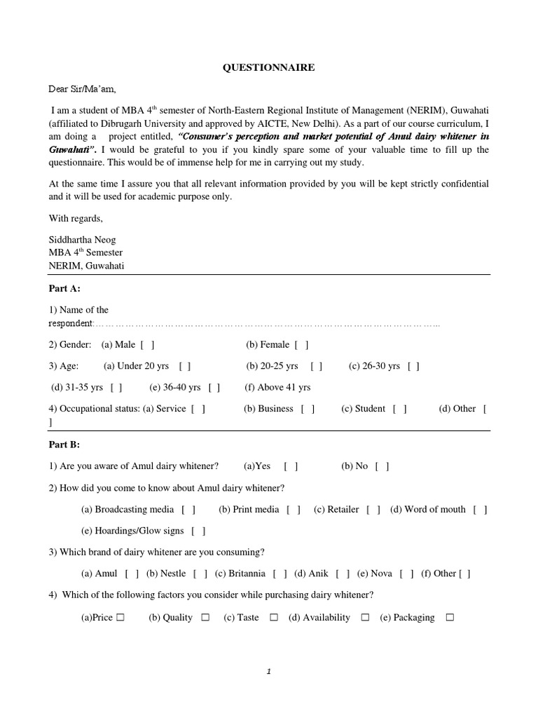 Questionnaire On Consumer Perception PDF Brand Market (Economics)
