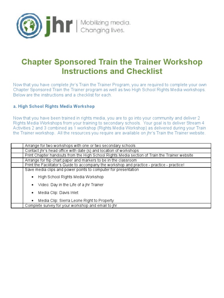 Chapter Sponsored Train The Trainer Workshop Checklist | PDF ...
