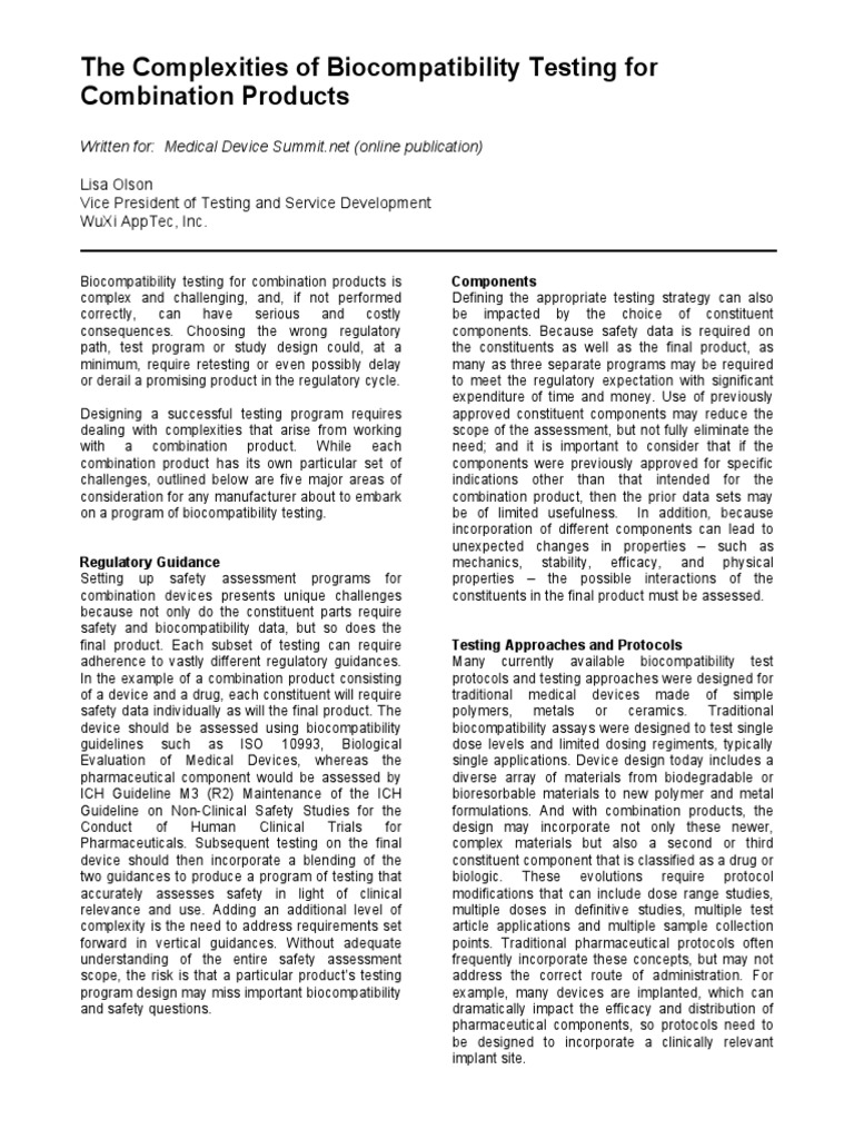 Biocompatibility Testing for Combination Products | PDF | Medical ...